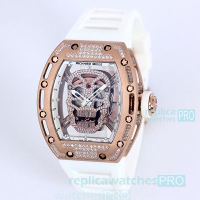 Richard Mille RM 52-01 Tourbillon Skull Replica Watch Rose Gold Case White Rubber